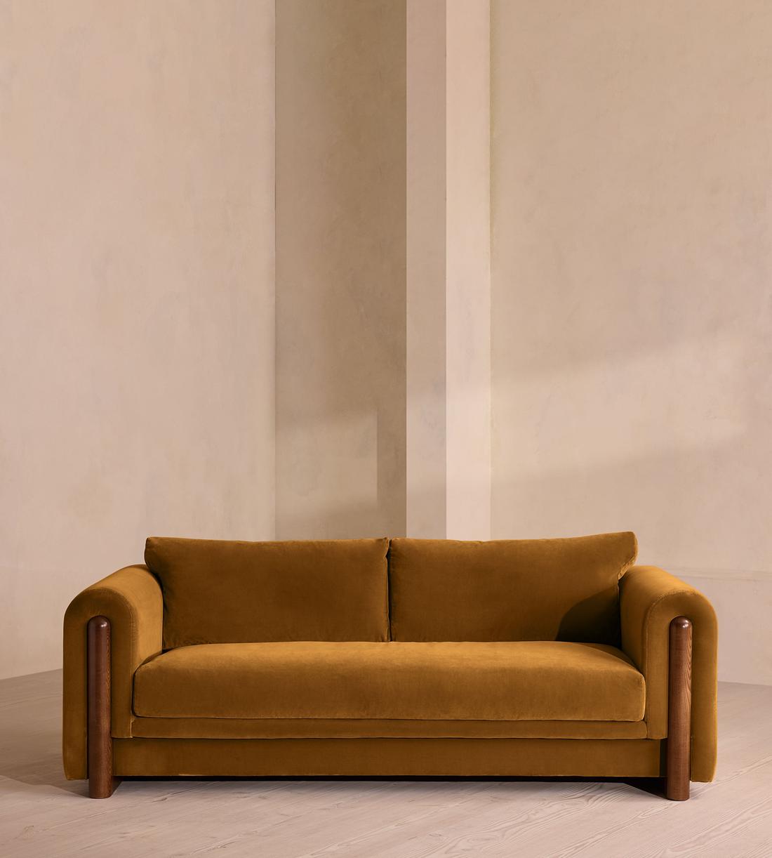 Farrell Three Seater Sofa · Velvet Mustard; official product image