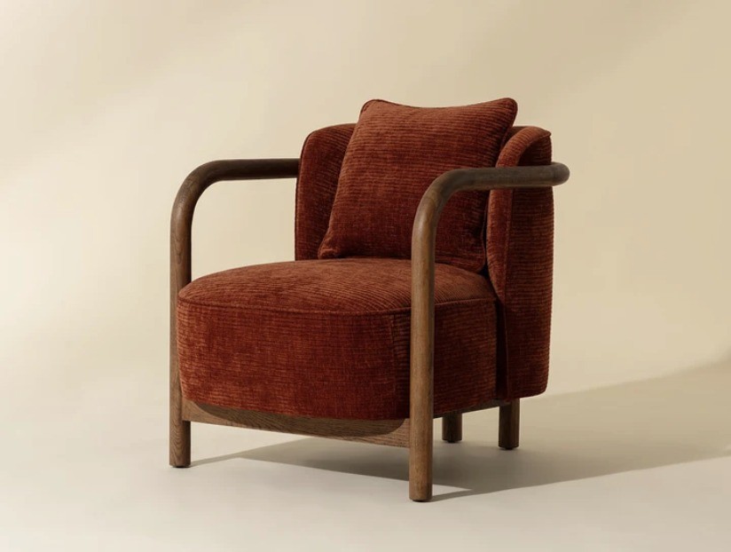 Beatrice Lounge Chair with rust upholstery and curved wood arms