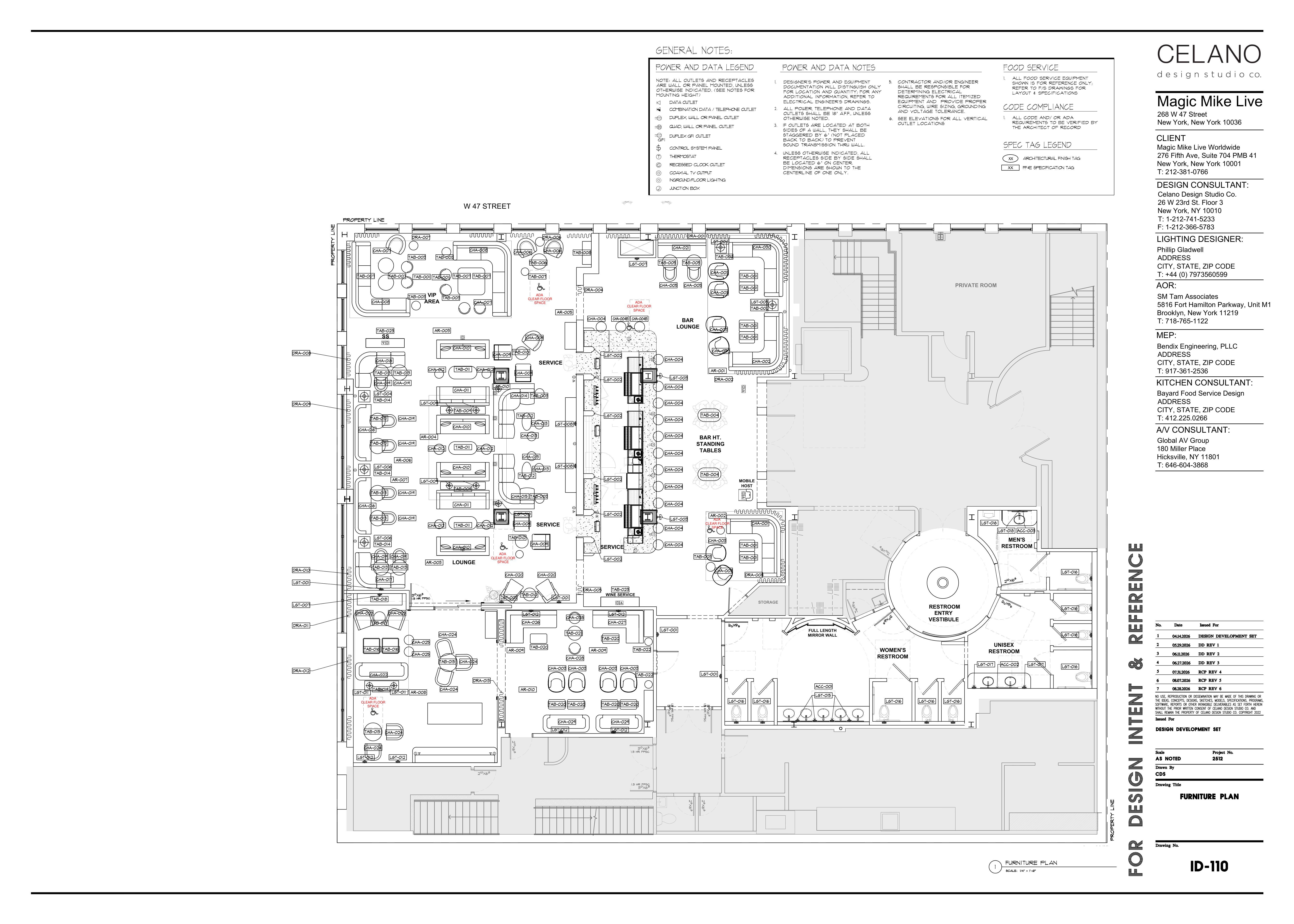 Second floor furniture plan ID-110, showing furniture tags, the VIP area, bar lounge and main lounge.