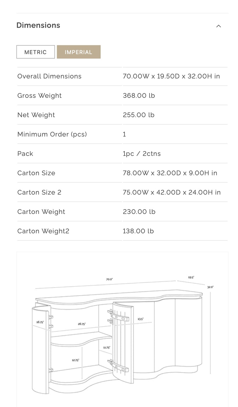 Fable Sideboard dimensions and cabinet drawing