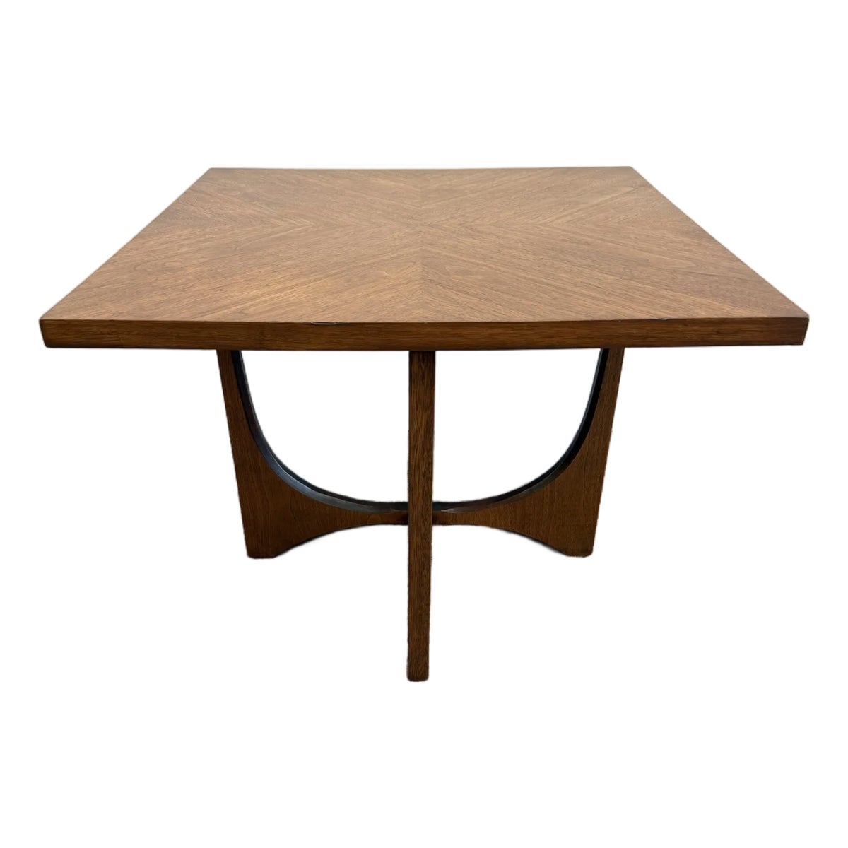 Attributed Broyhill Brasilia walnut lamp table with square veneer top and crossed curved base