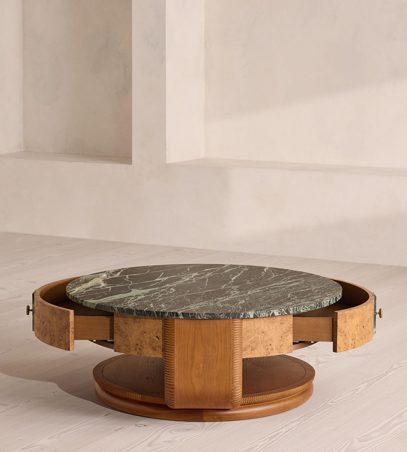 Basil Coffee Table · Napoli Green Marble; official product image with drawers shown open