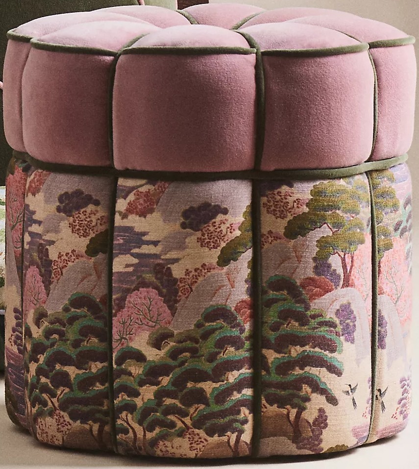Merve Kahraman Floral-Shaped Ottoman — pink top and scenic base, foreground of supplied room photo