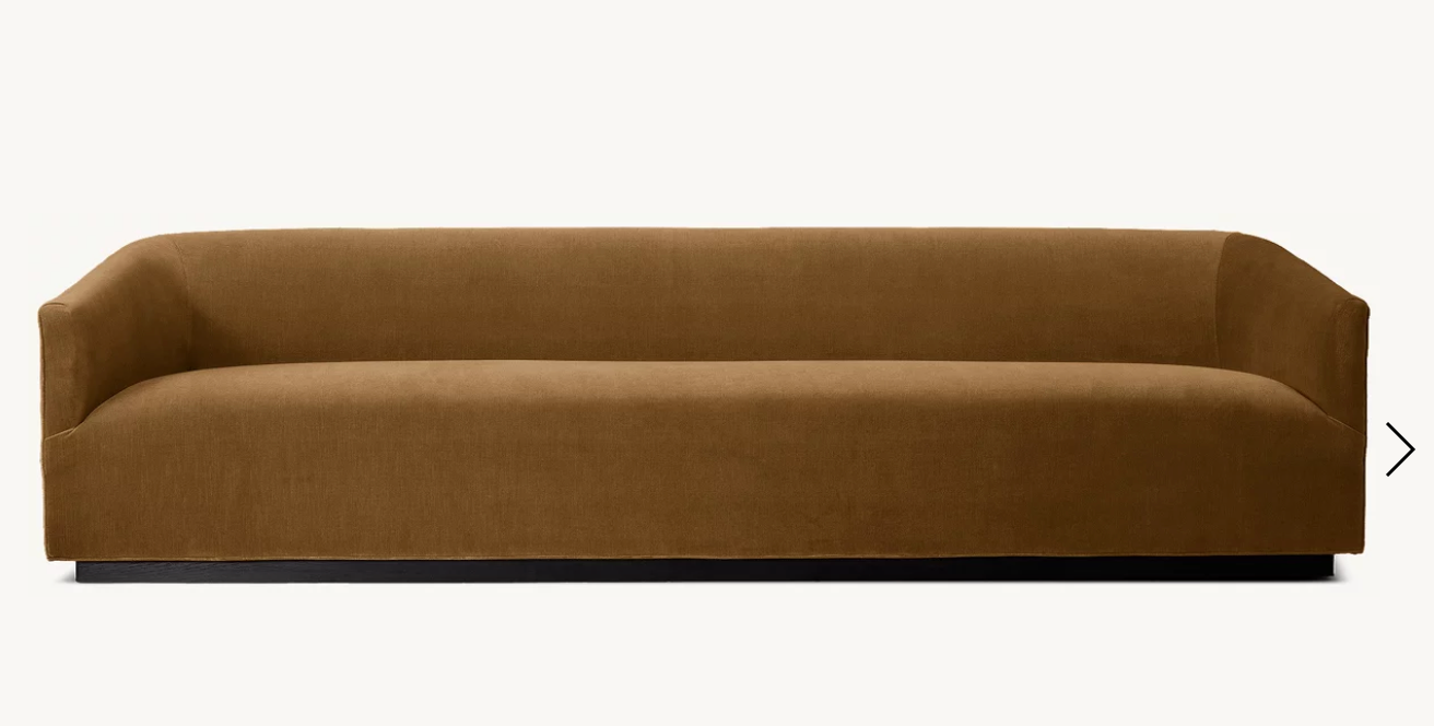1950s Italian Shelter Arm Sofa · Burnt Caramel in Performance Velvet; user-supplied RH product photo