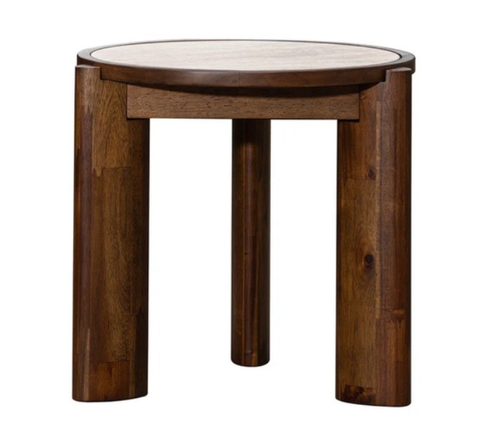 LH Remix Round Side Table with pale ceramic travertine top and brown wood base