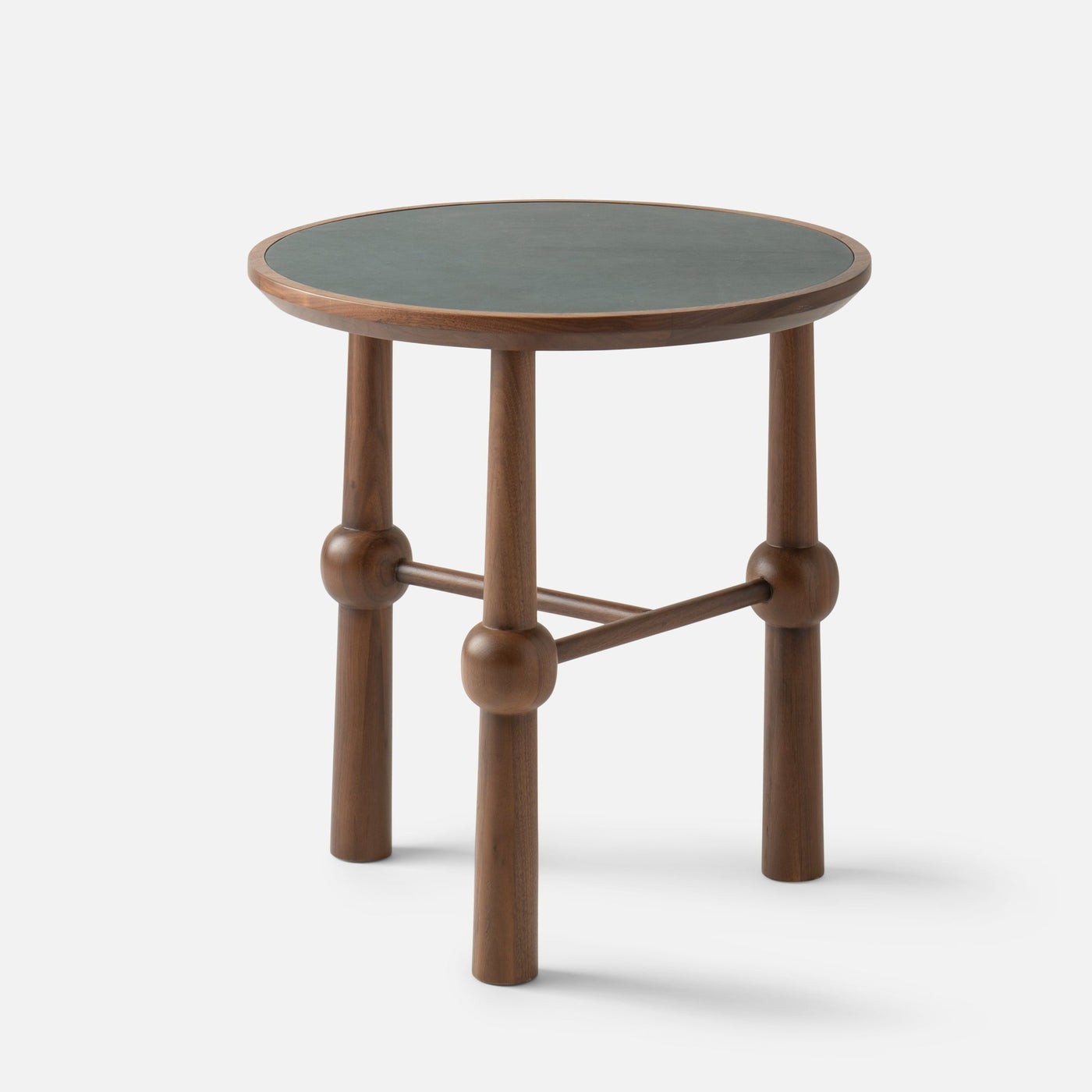 Schoolhouse Ann Side Table in walnut with green leather inset and three turned legs