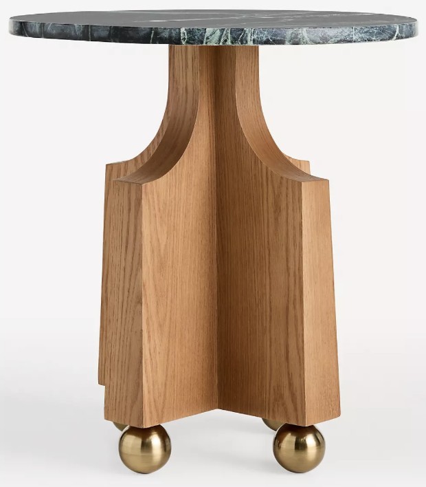 Perry Marble Round Side Table — Spider Green marble, oak base and gold-tone ball feet, supplied image