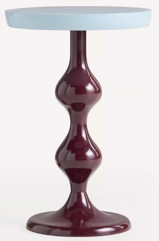 Siggies Drink Table — Short, Light Blue top and burgundy pedestal, supplied image